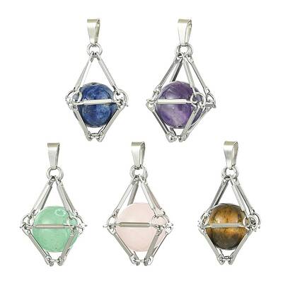 Natural Mixed Gemstone Stainless Steel Wrapped Pendants