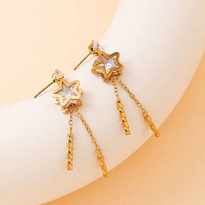 Elegant Stainless Steel & Clear Cubic Zirconia Star Tassel Stud Earrings