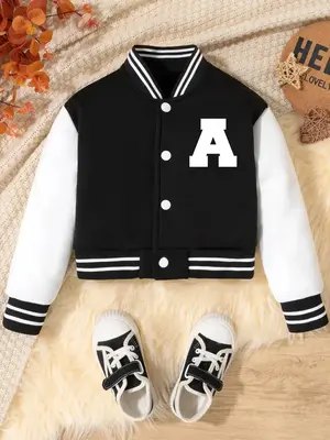 Girl's Colorblock Letter Print Drop Shoulder Varsity Jacket, Casual Mock Neck Long Sleeve Outerwear for Fall & Winter, Kids C...