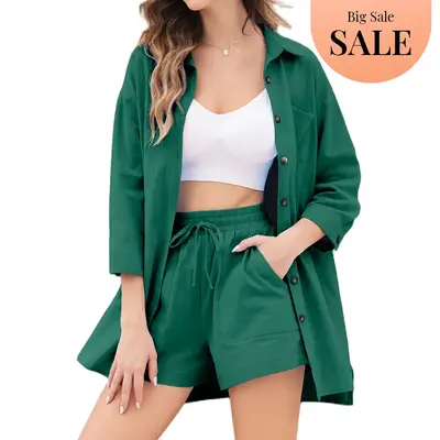 comfyclothing Women’s 2 Piece Lounge Tracksuit Outfit Sets 2025 New Linen High Low Shirt and Drawstring Casual Shorts