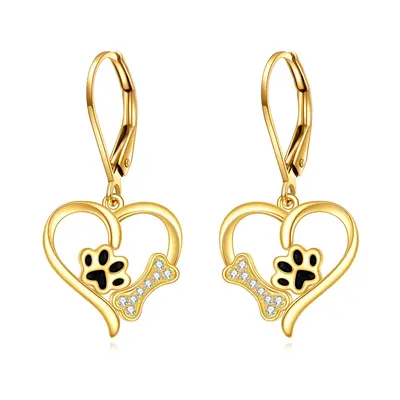 14K Yellow Gold Circular Cubic Zirconia Paw With Bone Heart Lever-Back Earrings For Women