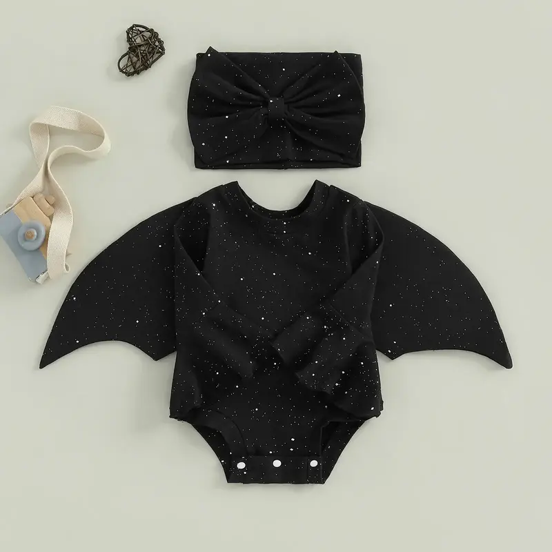 Infant Baby Girl Bat Costumes Glitter Batwing Long Sleeve Romper with Bow Headband Halloween Outfit 0-24 Months