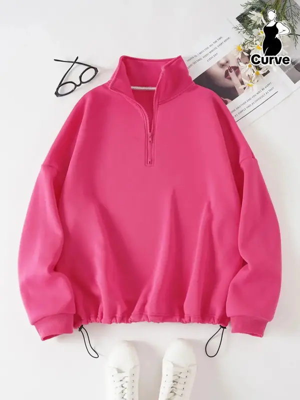 Plus Size Solid Drawstring Zipper Stand Collar Sweatshirt, Casual Long Sleeve Drop Shoulder Top for Fall & Winter, Women's Cl...