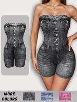 Women's Denim-effect Print Tube Romper, Casual Strapless Sleeveless Skinny Romper for Daily Outdoor Wear, Ladies Back To Scho...