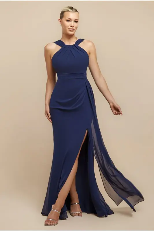 Goddiva Halterneck Thigh Split Chiffon Maxi Dress - Navy Blue