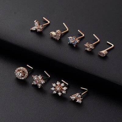 316L Surgical Stainless Steel White Cubic Zirconia L-Shaped Nose Rings