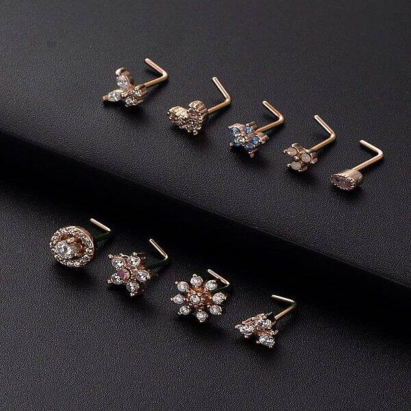316L Surgical Stainless Steel White Cubic Zirconia L-Shaped Nose Rings