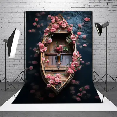 Pink Floral Boat River Fine Art Backdrop For Photo - Aperturee