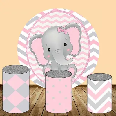 Aperturee Pink And Grey Elephant Round Girls Birthday Backdorp Kit | Round Backdrop Cover Diy | Round Party Backdrop | Round ...