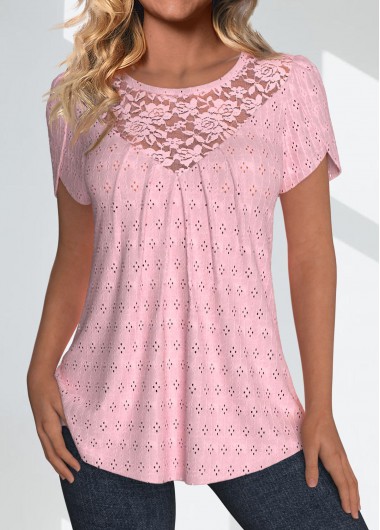 Modlily Light Pink Lace Short Sleeve Round Neck T Shirt - L