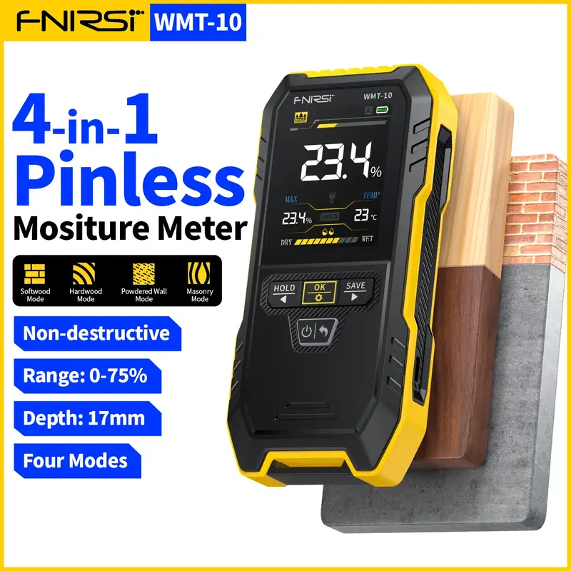 FNIRSI WMT-10 Rechargable Wood Moisture Meter Pinless Moisture Meter for Wood Wall Firewood Mold Detector for Home Support Da...