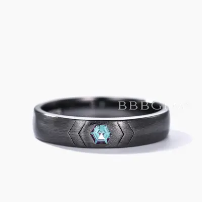 Black Gold 4mm wide Hexagon Cut Alexandrite Men's Wedding Band Matte Brushed