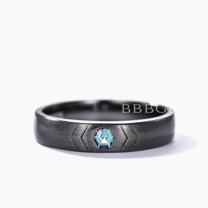 Black Gold 4mm wide Hexagon Cut Alexandrite Men's Wedding Band Matte Brushed
