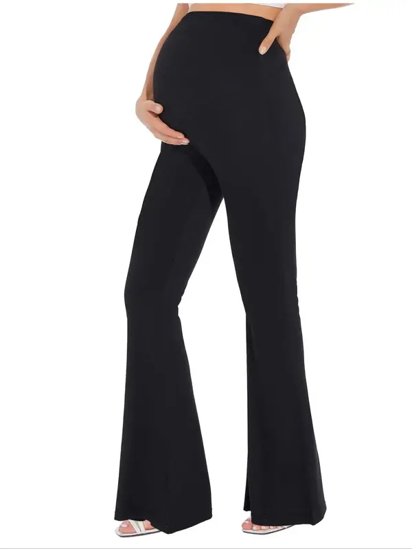 Women's Casual Elastic High Waist Flare Leg Pants, Black Bell Bottom Trousers Bootcut Pants for Pregnant Woman Daily Wear, Ma...