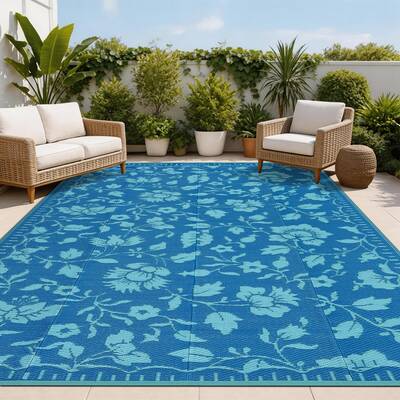 Garvee 9x12 Outdoor Rug for Patio, Waterproof Reversible Floral Plastic Straw Rug with Carry Bag, Large Portable Camping Mat ...