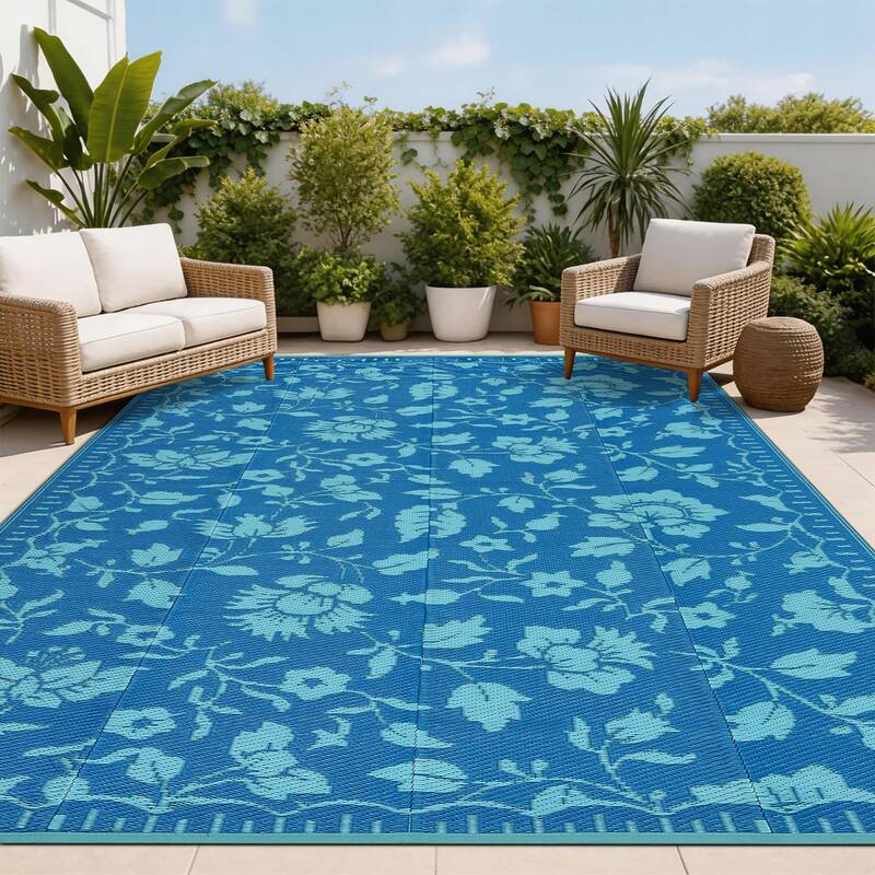 Garvee 9x12 Outdoor Rug for Patio, Waterproof Reversible Floral Plastic Straw Rug with Carry Bag, Large Portable Camping Mat ...