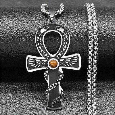 304 Stainless Steel Pave Natural Tiger Eye Ankh Cross Pendant Box Chain Necklaces
