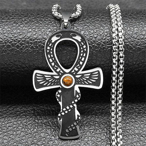 304 Stainless Steel Pave Natural Tiger Eye Ankh Cross Pendant Box Chain Necklaces
