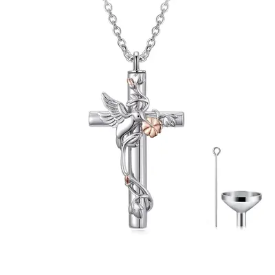 Sterling Silver Two-tone Hummingbird & Cross Urn Necklace for Ashes