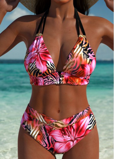Modlily Mid Waisted Tropical Plants Print Hot Pink Bikini Set - M