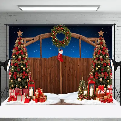 Aperturee Blue Holy Night Wooden Gate Christmas Vibe Backdrop - Aperturee