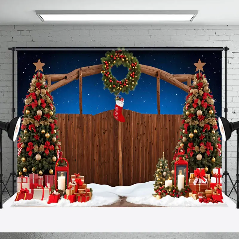 Aperturee Blue Holy Night Wooden Gate Christmas Vibe Backdrop - Aperturee