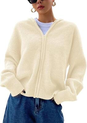 Women's Zip Up Hooded Cardigan Sweater Knitted Drop Shoulder Fall Hoodies Outerwear