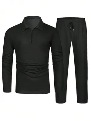 Men's Solid Textured Long Sleeve Polo Shirt & Drawstring Waist Pants Set, Regular Fit Quality and Comfort Casual Zipper Top ...