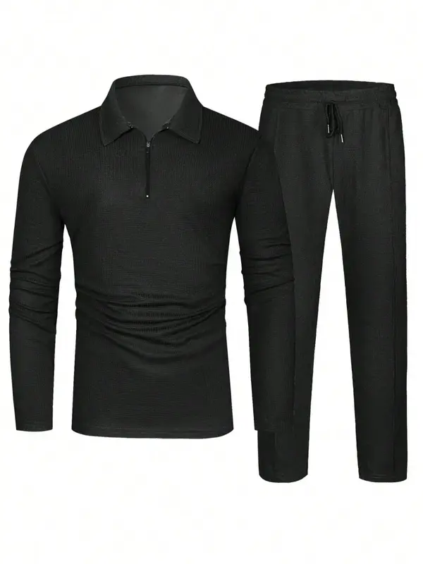 Men's Solid Textured Long Sleeve Polo Shirt & Drawstring Waist Pants Set, Regular Fit Quality and Comfort Casual Zipper Top ...