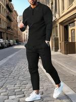 Men's Solid Textured Long Sleeve Polo Shirt & Drawstring Waist Pants Set, Regular Fit Casual Comfort Fabric Zipper Top & Pock...