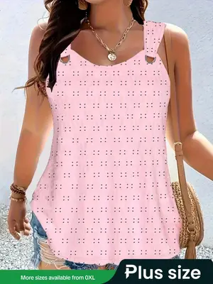 【Plus Size】 Eyelet Embroidery Hollow Out Metal Decor Slim-fit Tank Top, Casual Sleeveless Top for Summer, Women's Plus C...