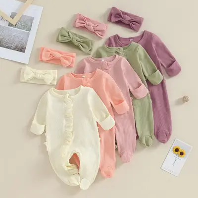 Infant Girl Footies Rompers Solid Color Frills Crew Neck Long Sleeve Baby Jumpsuits Newborn Clothes Bodysuits with Headband
