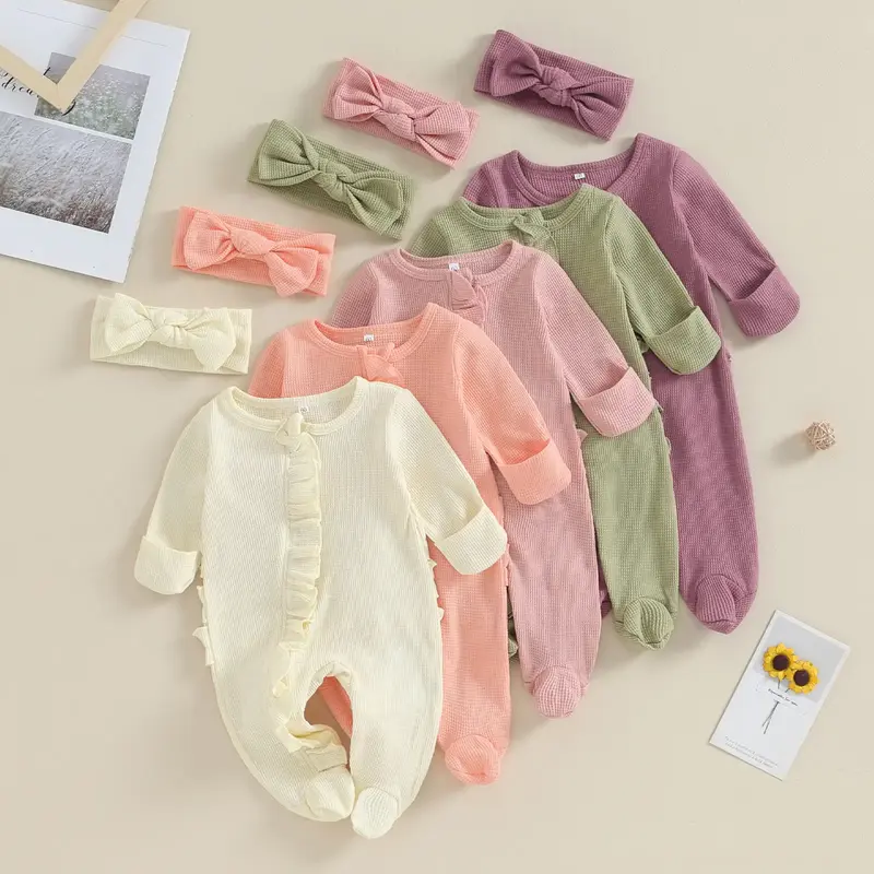 Infant Girl Footies Rompers Solid Color Frills Crew Neck Long Sleeve Baby Jumpsuits Newborn Clothes Bodysuits with Headband