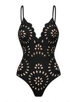 Women's Solid Color Hollow Out Scallop Trim One-piece Swimming Swimsuit, High Stretch Sexy Casual Adjustable Spaghetti Strap...