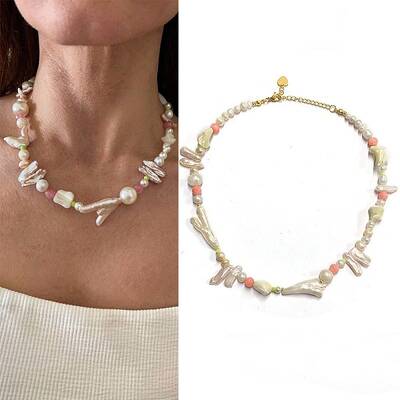 Brass & Natural Baroque Pearl Keshi Pearl Beaded Necklaces for Women
