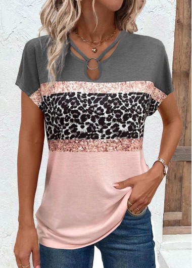 Modlily Grey Cut Out Leopard Short Sleeve T Shirt - L