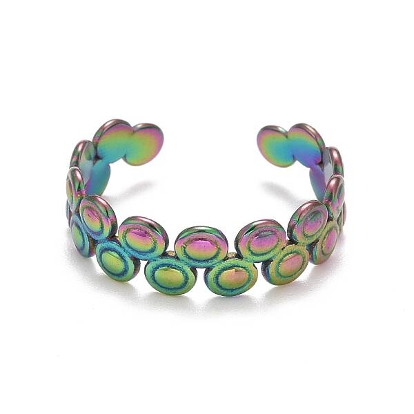 Rainbow Color Ion Plating(IP) 304 Stainless Steel Flat Round Wrap Open Cuff Ring for Women