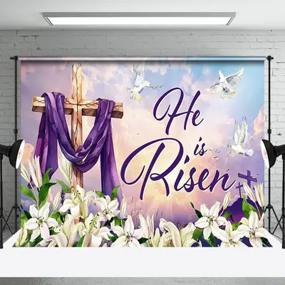 Aperturee White Floral He Is Risen Pigeon Cross Easter Backdrop, 3X2FT(1MX0.6M), 14 USD, LHF337A-M, easter backdrops