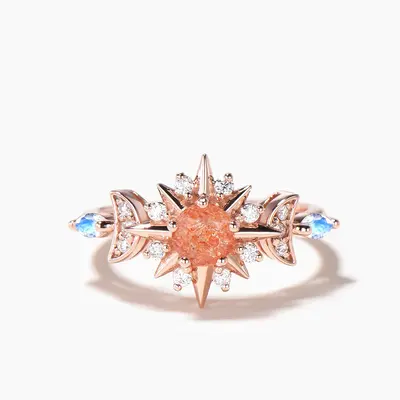 Round Cut Sunstone Moon Ring Moonstone Diamond Sun Engagement Ring