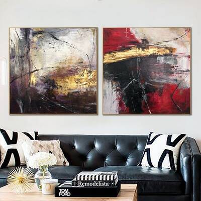Large Colorful Painting on Canvas Modern Gold Leaf Wall Art Diptych Painting Black Artwork Set Of 2 Paintings for Indie Decor...