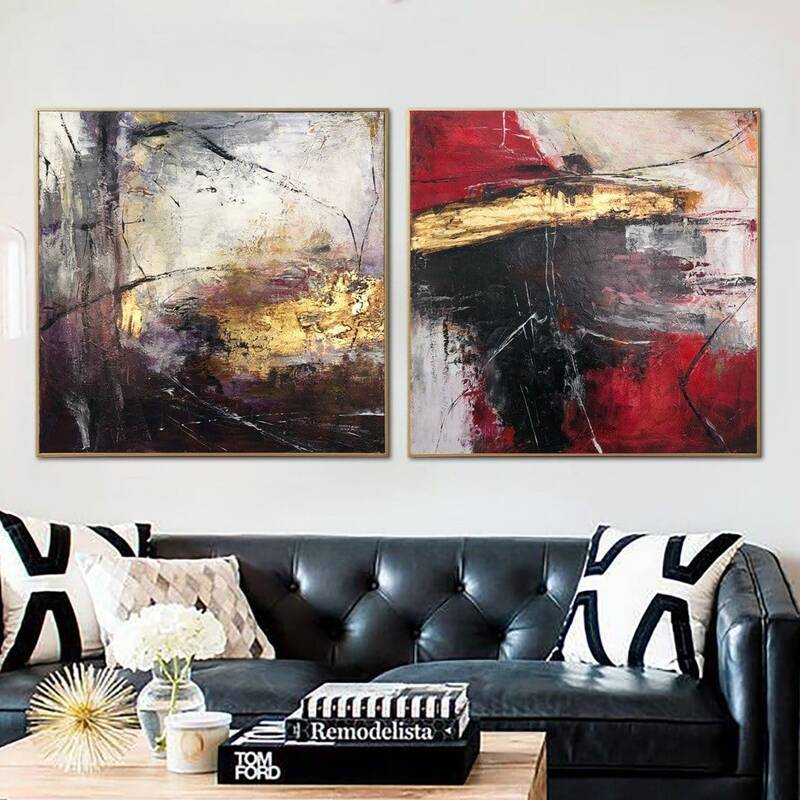Large Colorful Painting on Canvas Modern Gold Leaf Wall Art Diptych Painting Black Artwork Set Of 2 Paintings for Indie Decor...
