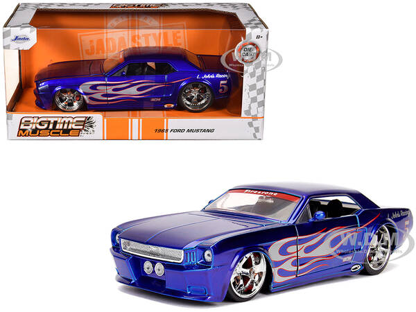 1965 Ford Mustang #5 L. Johns Racing Candy Blue with Flame Graphics Bigtime Muscle Series 1/24 Diecast Model Car by Jada