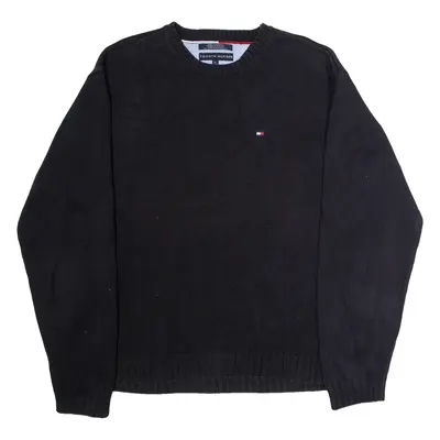 TOMMY HILFIGER Mens Heavy Knit Jumper Black Crew Neck 90s Tight Knit XL