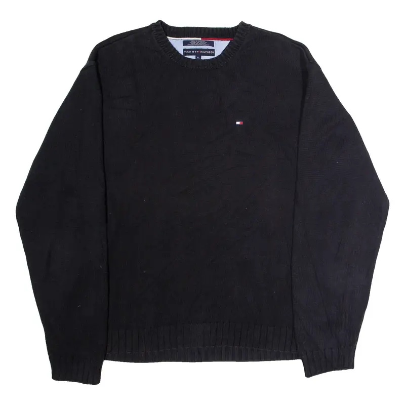 TOMMY HILFIGER Mens Heavy Knit Jumper Black Crew Neck 90s Tight Knit XL
