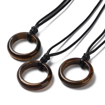 Natural Tiger Eye Ring Pendant Necklace with Waxed Cords
