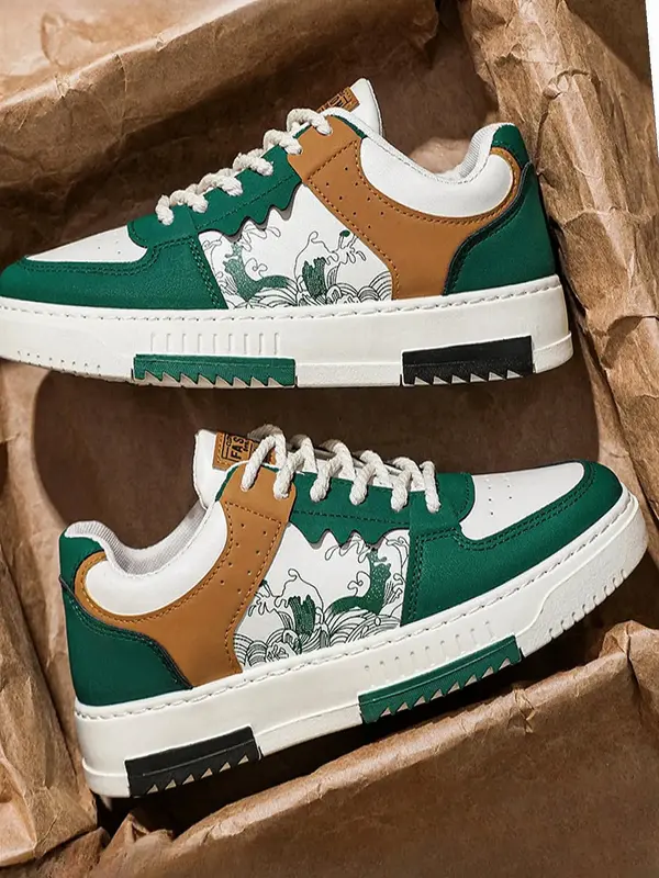 Men's Fashion Colorblock Print Lace Up Low Top Sneakers, Casual Comfortable Breathable Skate Shoes, Fashion All-match Leisure...