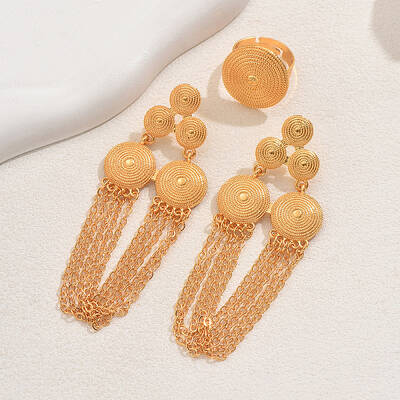 Vintage Alloy Round Tassel Earrings & Ring Sets for Women's Party Wedding