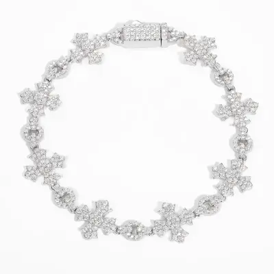 【#B187】 Shiny Synthetic Moissanite Chain Bracelet Cross Delicate Bracelet 925 Sterling Silver Men's Hip Hop Rap Party Tre...