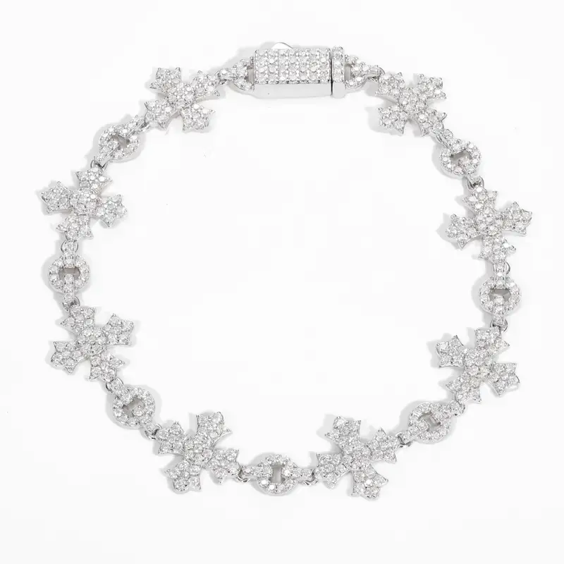 【#B187】 Shiny Synthetic Moissanite Chain Bracelet Cross Delicate Bracelet 925 Sterling Silver Men's Hip Hop Rap Party Tre...
