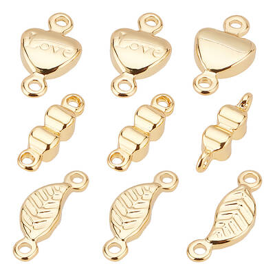 BENECREAT 30Pcs 3 Style Heart Brass Links 16K Gold Plated Bowknot Textured Leaf Connecter with Loop for Jewellry Making DIY C...